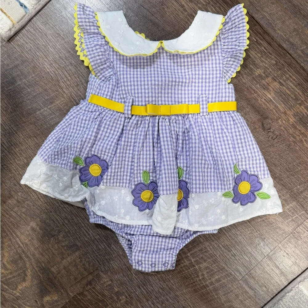 Blueberi Boulevard Lavender Gingham Dress with Yellow Trim